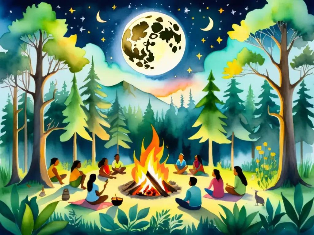 Una impresionante pintura acuarela de un bosque exuberante y vibrante, donde la poesía indígena lucha contra la extinción lingüística bajo la luz de la luna