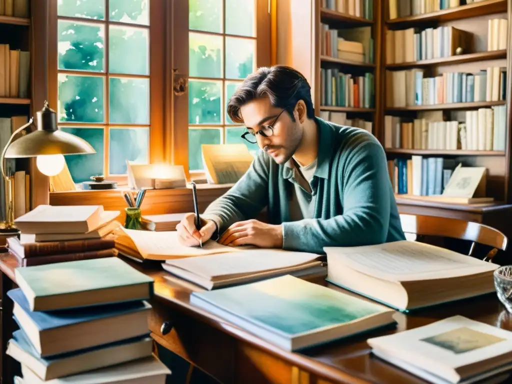 Una impresionante pintura acuarela de un poeta en su escritorio vintage rodeado de libros y papeles