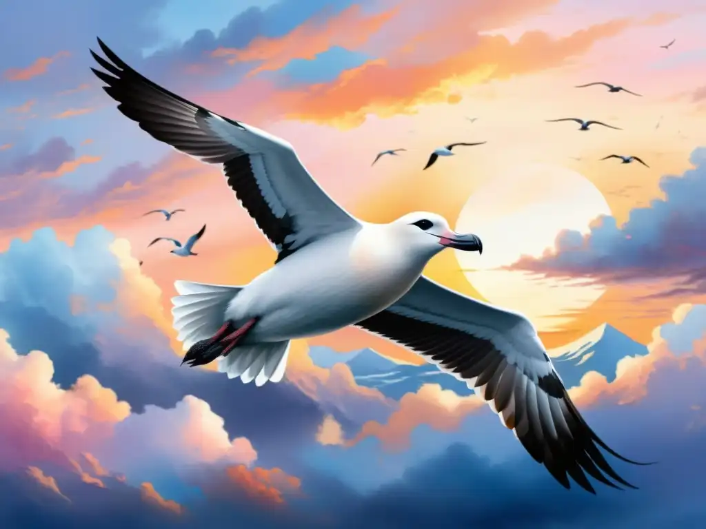 Una impresionante pintura al agua muestra un albatros majestuoso en vuelo, evocando libertad y poesía con su silueta en el atardecer