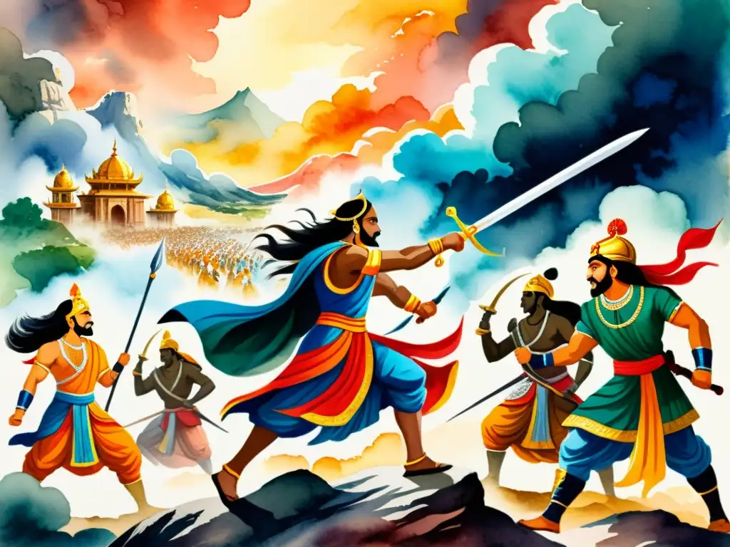 Una impresionante pintura al agua del Mahabharata, con colores vibrantes y detalles intrincados