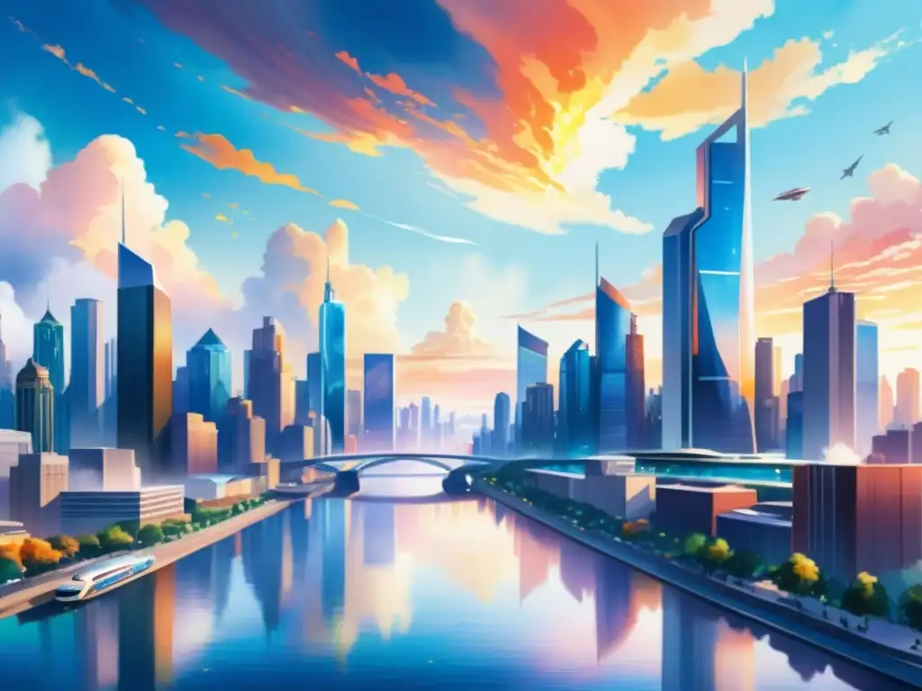 Una impresionante pintura acuarela detallada de una ciudad futurista, con rascacielos imponentes y vehículos futuristas deslizándose en el aire