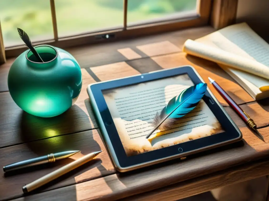 Una impresionante pintura acuarela de una tableta digital y una pluma de escribir tradicional reposando juntas en un escritorio rústico de madera, con luz natural suave que entra por una ventana cercana, creando suaves sombras en los detalles intrincados de los objetos