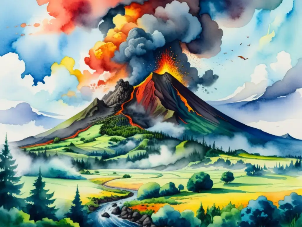 Una impresionante pintura acuarela de un volcán en erupción sobre un paisaje exuberante