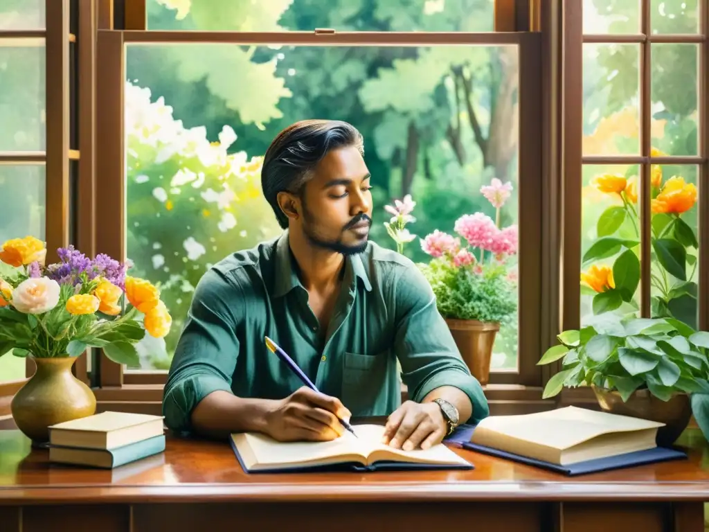 Una ilustración acuarela impresionante de un poeta contemplativo rodeado de flores coloridas y exuberante vegetación