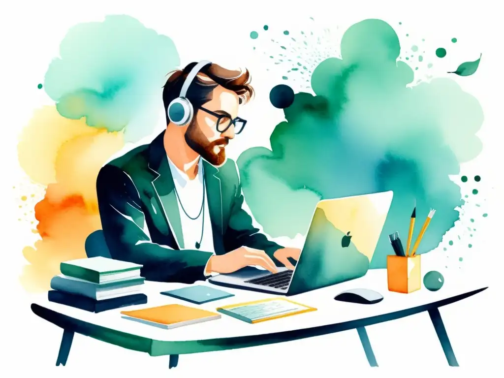 Una ilustración acuarela impresionante de un poeta moderno rodeado de dispositivos digitales y herramientas creativas