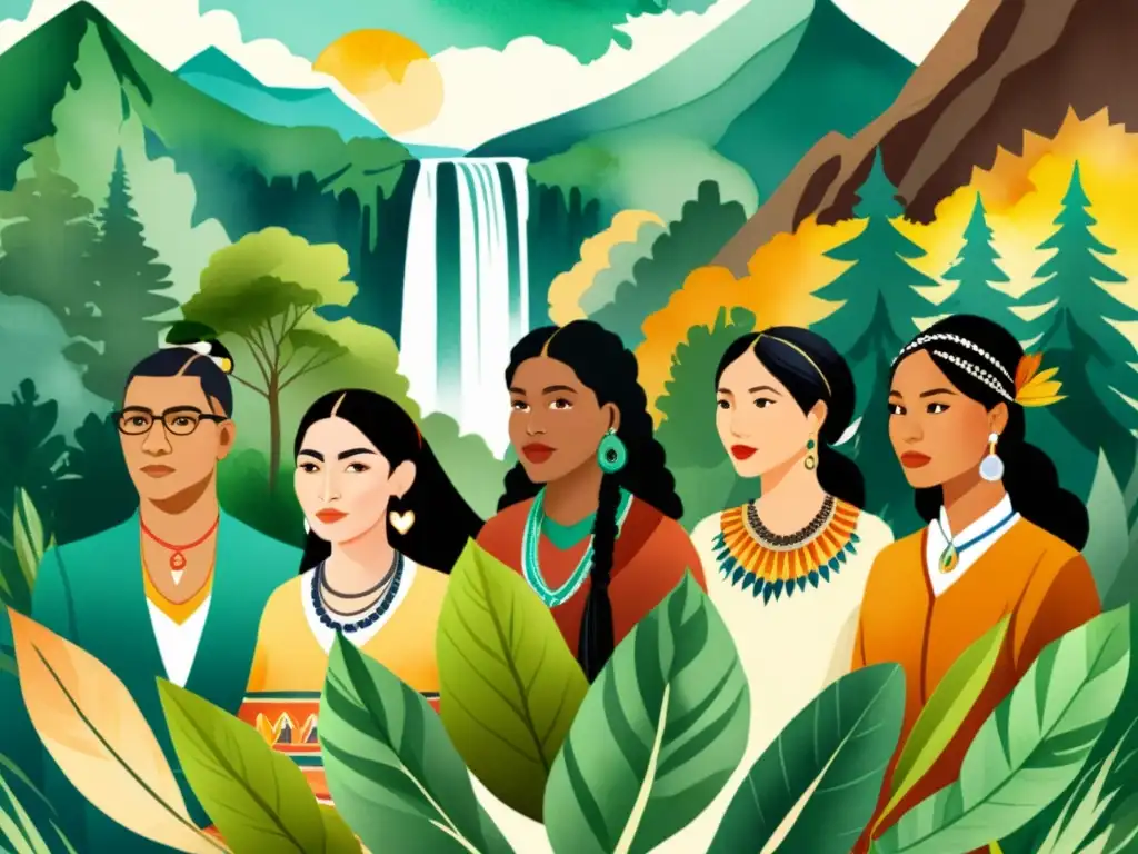 Una ilustración acuarela impresionante de poetas indígenas de todo el mundo, unidos en diversidad cultural