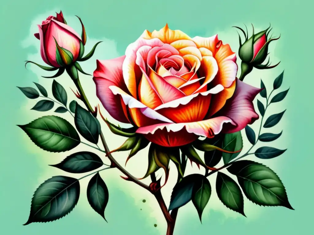 Una ilustración acuarela impresionante de una rosa vibrante y floreciente enredada con espinosas y retorcidas enredaderas, capturando los elementos contradictorios de belleza y peligro, tranquilidad y agitación