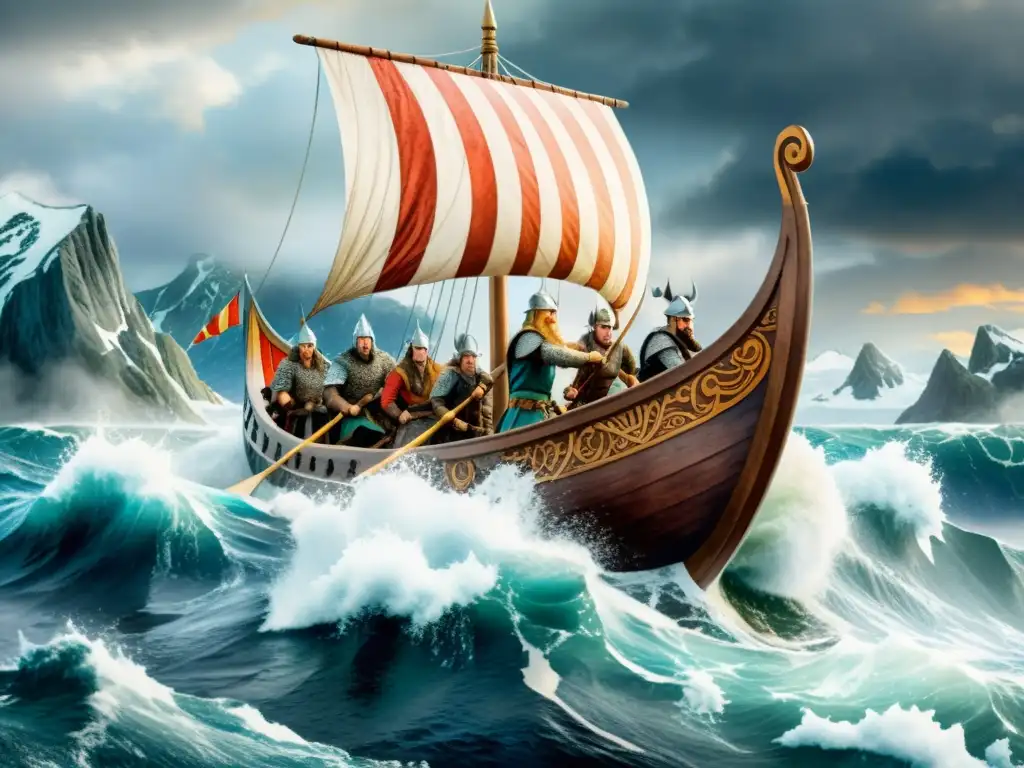 Impresionante ilustración de un drakkar vikingo surcando mares tormentosos, evocando la poesía vikinga y la tradición escaldos