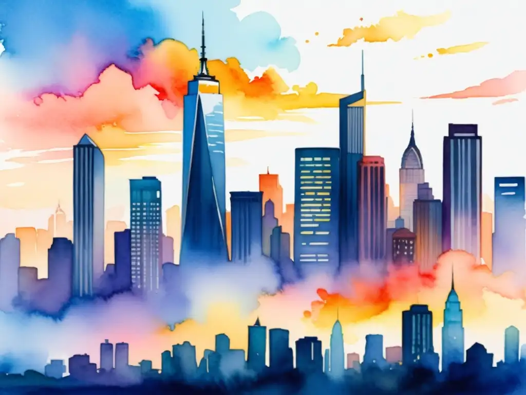 Increíble acuarela de una ciudad bulliciosa y un atardecer colorido
