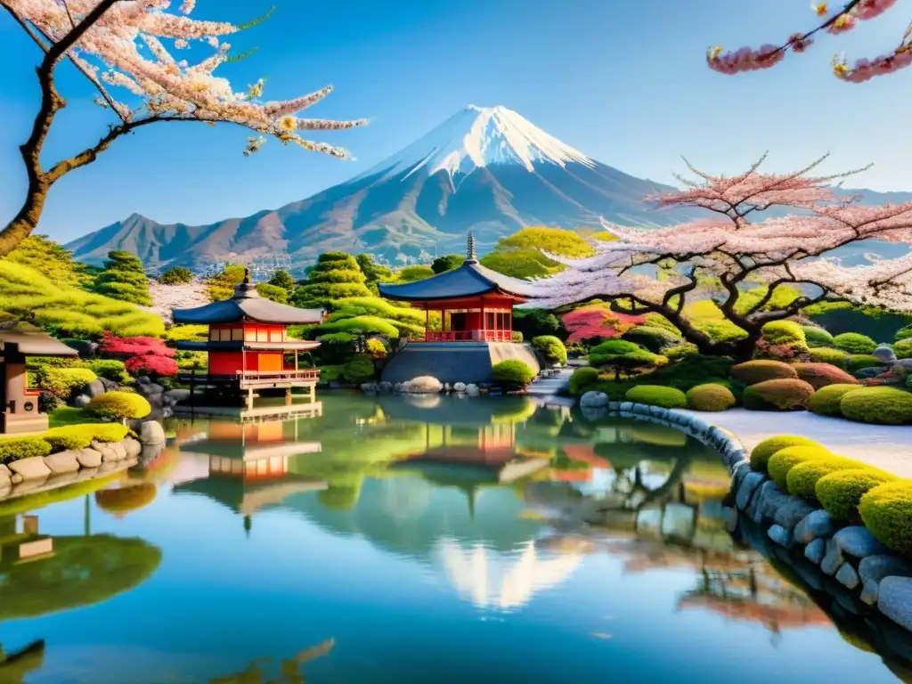 Increíble jardín japonés con cerezos en flor, reflejos en el estanque y pagoda, capturando la influencia de la poesía japonesa, cine y anime