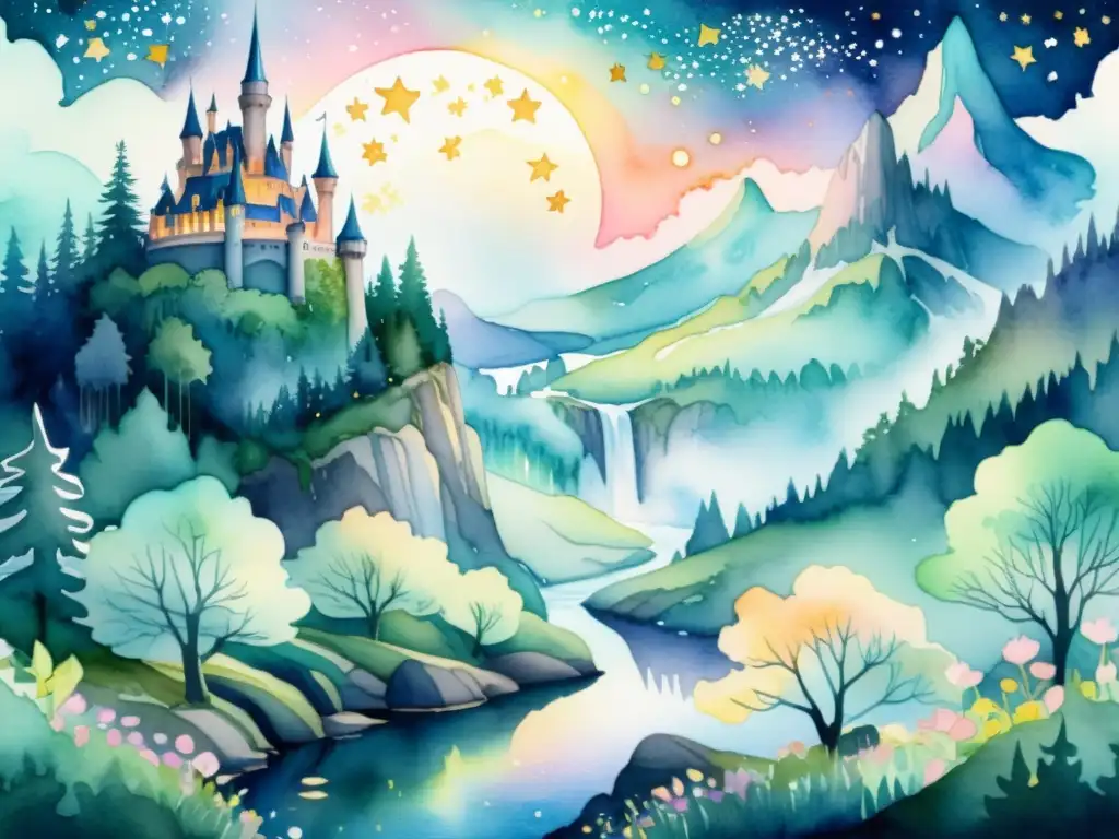 Increíble ilustración de un paisaje fantástico con un bosque iluminado por la luna, un río serpenteante y un castillo mágico