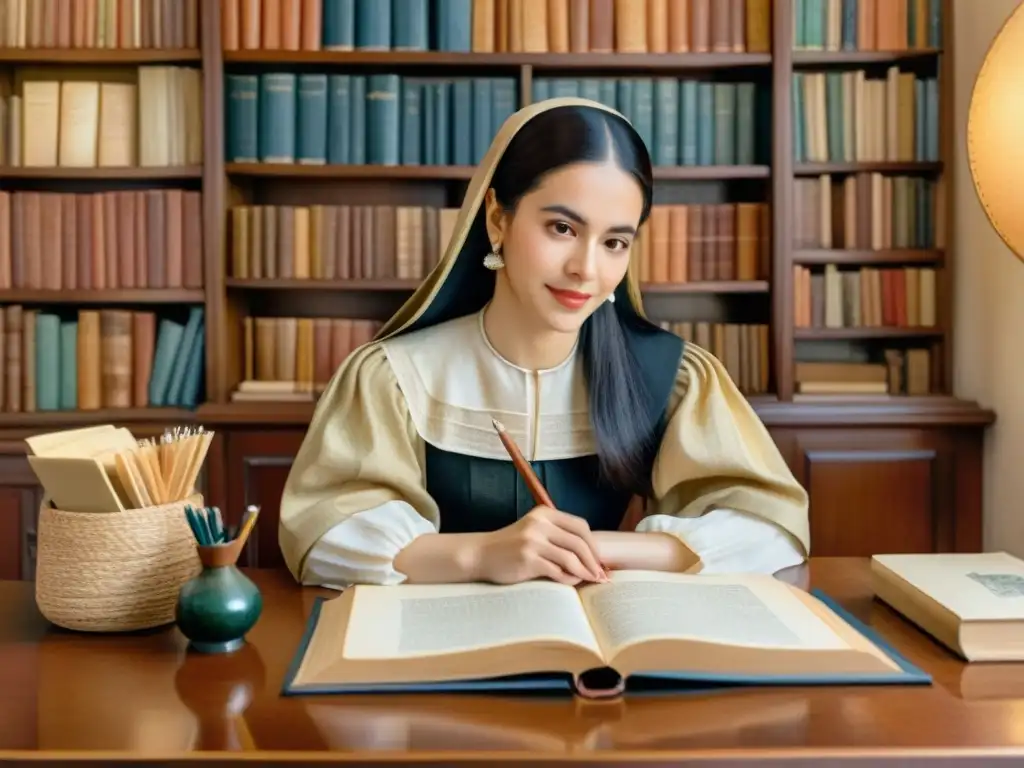 Sor Juana Inés de la Cruz, retratada en acuarela, rodeada de libros y utensilios de escritura