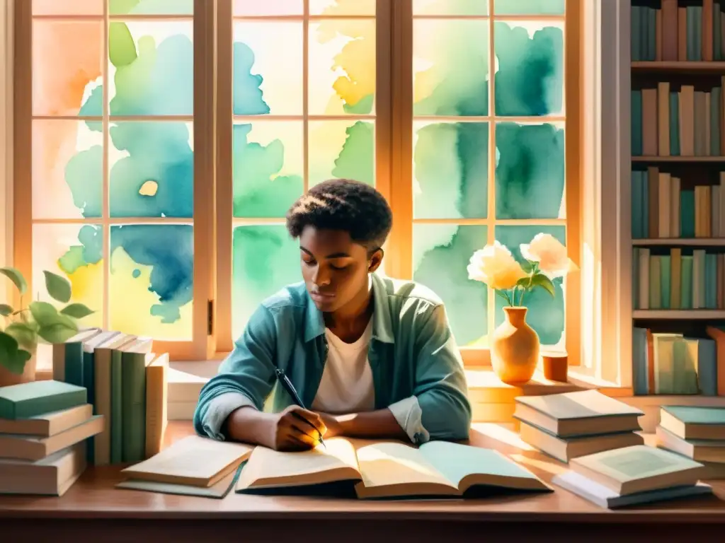 Influencers poéticos en la era digital: ilustración serena de un joven poeta escribiendo junto a una ventana, rodeado de libros y materiales de escritura, con una expresión contemplativa en su rostro y una atmósfera introspectiva y pacífica iluminada por la luz del sol