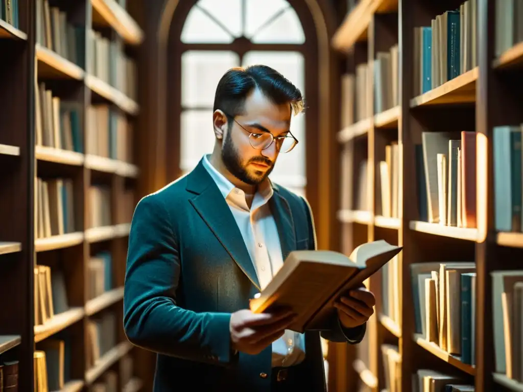 Nikolái Gumiliov inmerso en la atmósfera acogedora de una biblioteca, rodeado de libros antiguos, sumergido en la poesía del Siglo de Plata