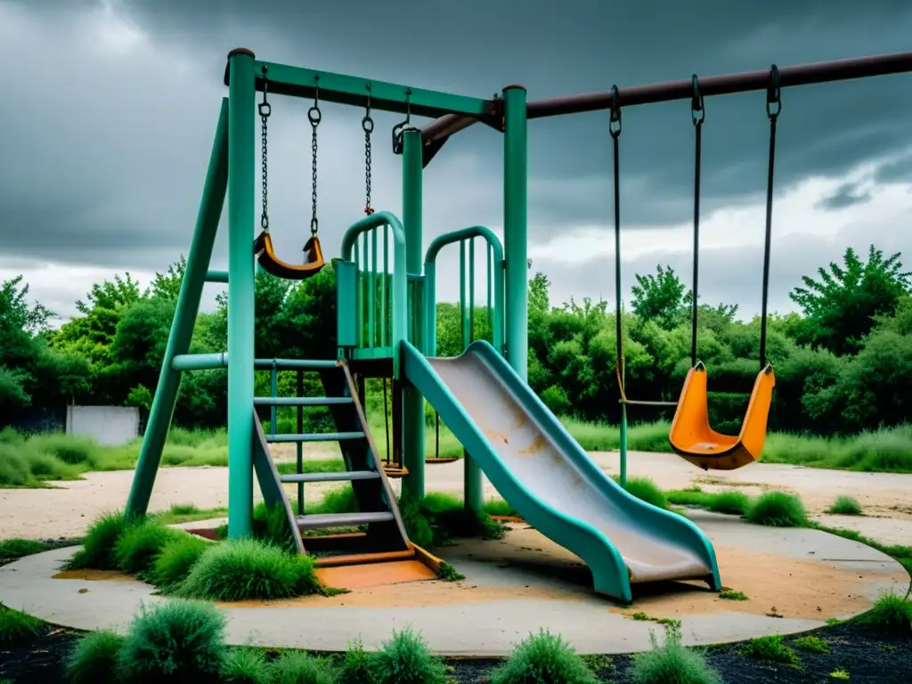 Un inquietante paisaje urbano con un parque infantil abandonado y cubierto de maleza, evocando la poesía en tiempos de crisis