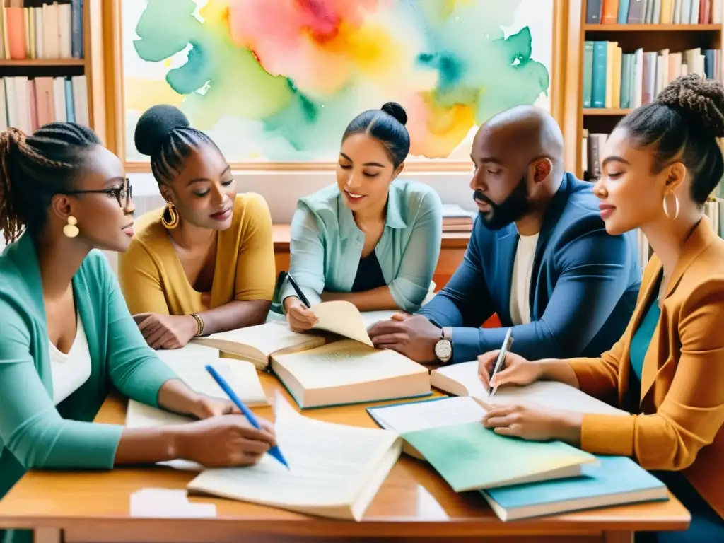 Un inspirador cuadro acuarela de un grupo diverso de poetas e influenciadores, colaborando en estrategias de lanzamiento de libros de poesía