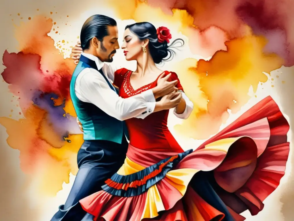 Intensa pintura de acuarela de una bailarina de flamenco con movimientos apasionados, rodeada de colores cálidos y pinceladas dinámicas