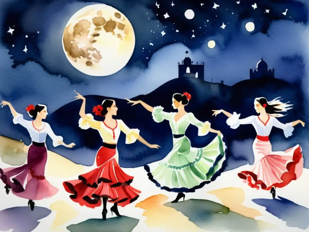 Intenso baile flamenco bajo la luna llena, evocando el análisis crítico de El Romancero Gitano con pasión andaluza