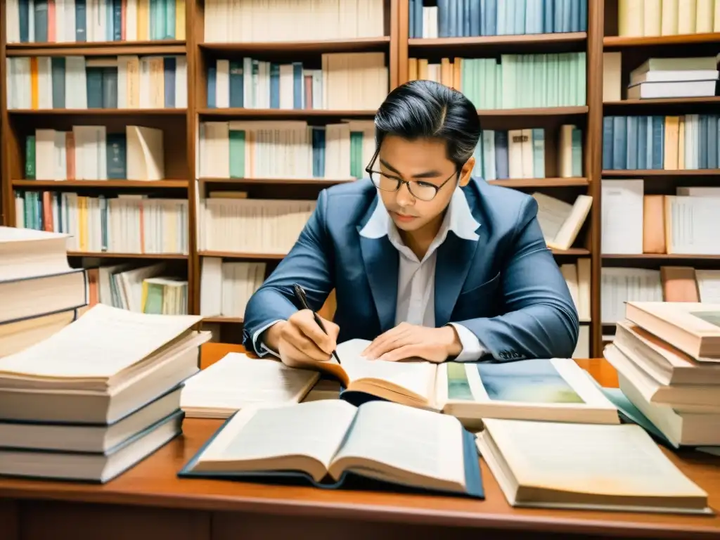 Un intenso retrato acuarela de un traductor inmerso en la traducción de poesía contemporánea, rodeado de libros y papeles