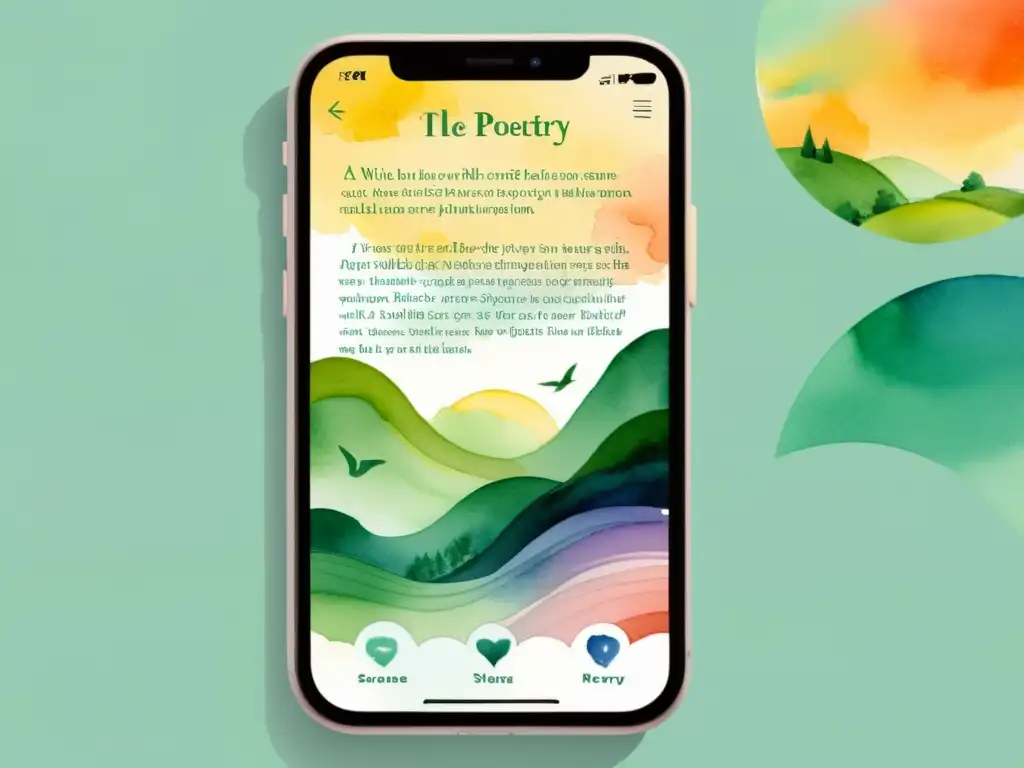 Interfaz de aplicación móvil para escribir poesía con paleta de colores vibrantes y paisaje natural, evocando inspiración y creatividad