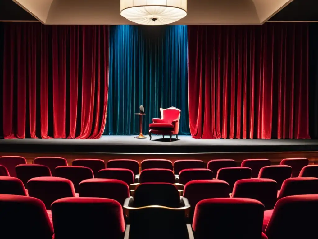 Intima sala con cortinas de terciopelo rojo, escenario iluminado, sillas elegantes y fotos en blanco y negro de poetas famosos