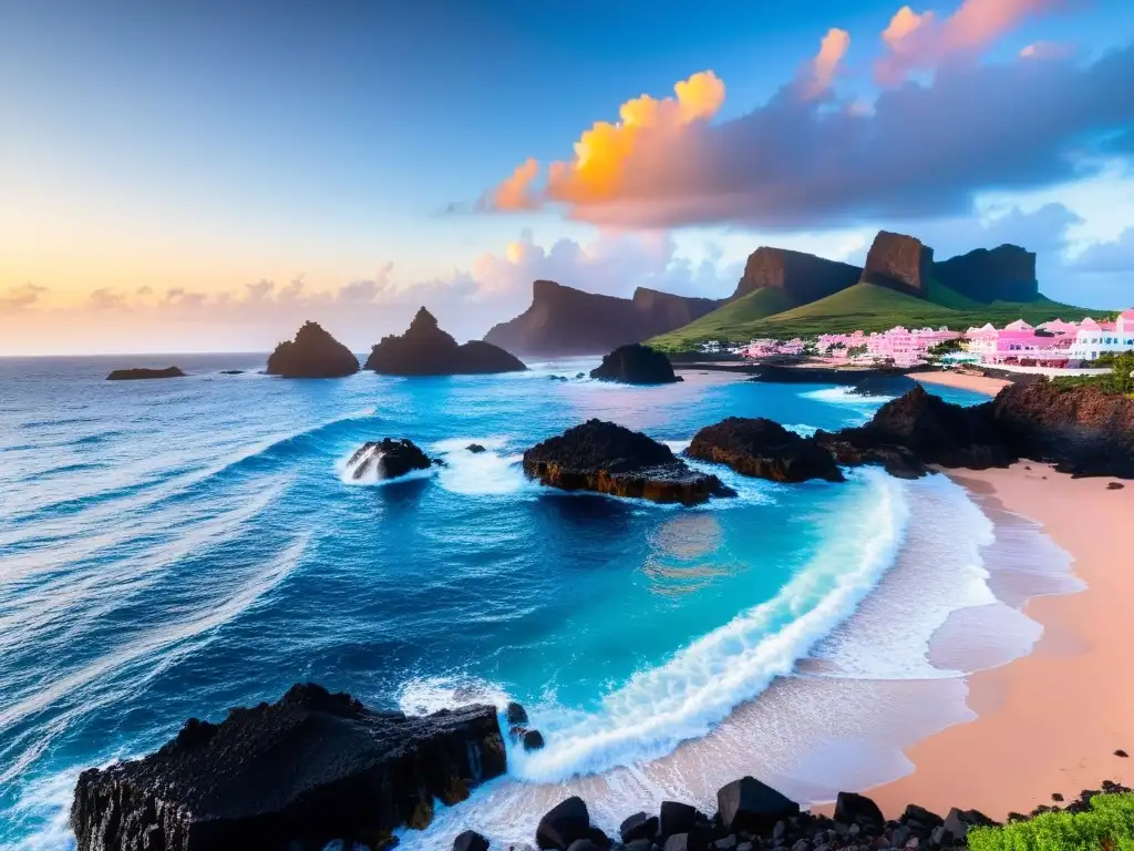 Poesía de las Islas de Cabo Verde: Costa volcánica, olas rompiendo, casas coloridas, palmeras y atardecer de fuego