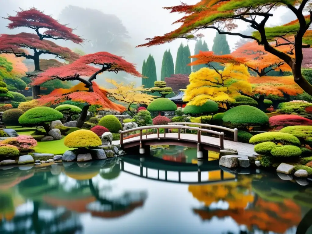 Jardín japonés con estanque y puente de madera, reflejando la serenidad de la naturaleza y los haikus de Basho