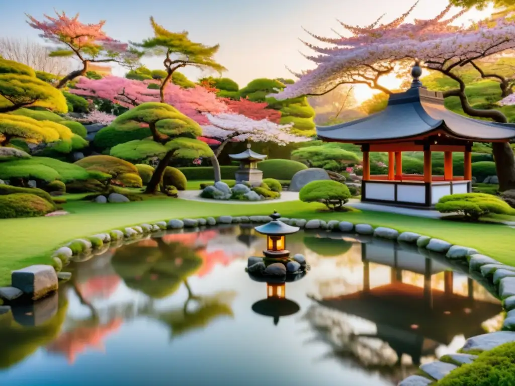 Jardín japonés al amanecer con poesía japonesa traducida, reflejando la serenidad y la belleza de la tradición japonesa