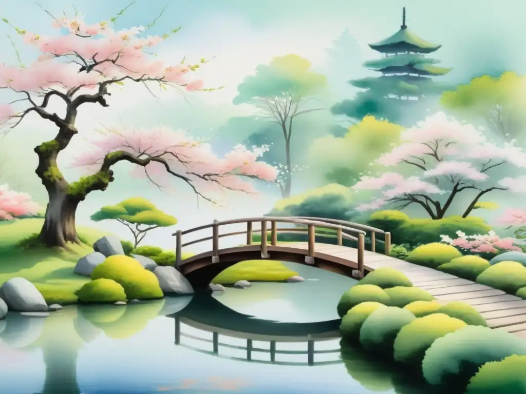 Un jardín japonés sereno con un delicado árbol de cerezo en flor, un puente de madera y un suave neblina, inspirando haikus como expresión poética