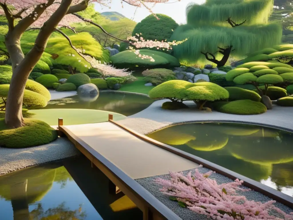 Un jardín japonés sereno con un estanque tranquilo, delicadas flores de cerezo flotando y un ambiente de poesía japonesa traducida épocas