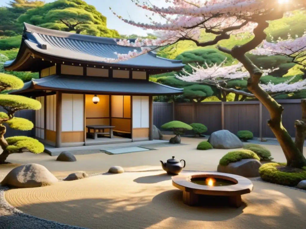 Jardín japonés sereno con cerezos en flor Un jardín japonés sereno y minimalista con cerezos en flor, una casa de té tradicional y una atmósfera tranquila