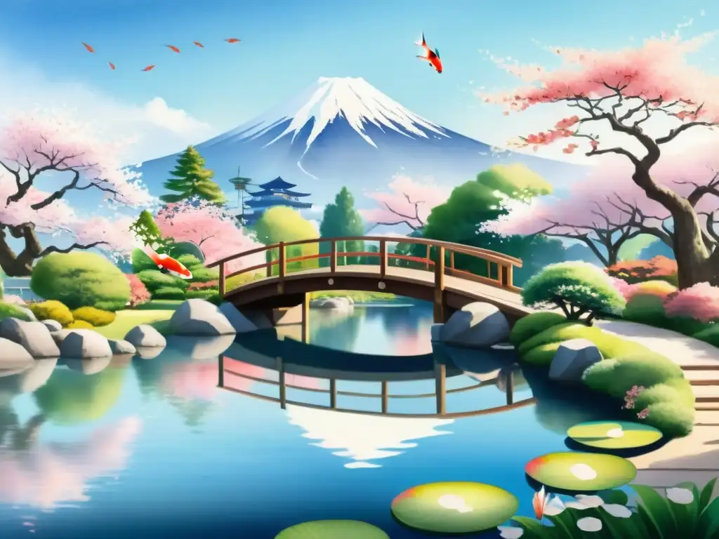 Un jardín japonés sereno con puente de madera, peces koi, cerezos en flor y el majestuoso Monte Fuji: poesía japonesa traducida