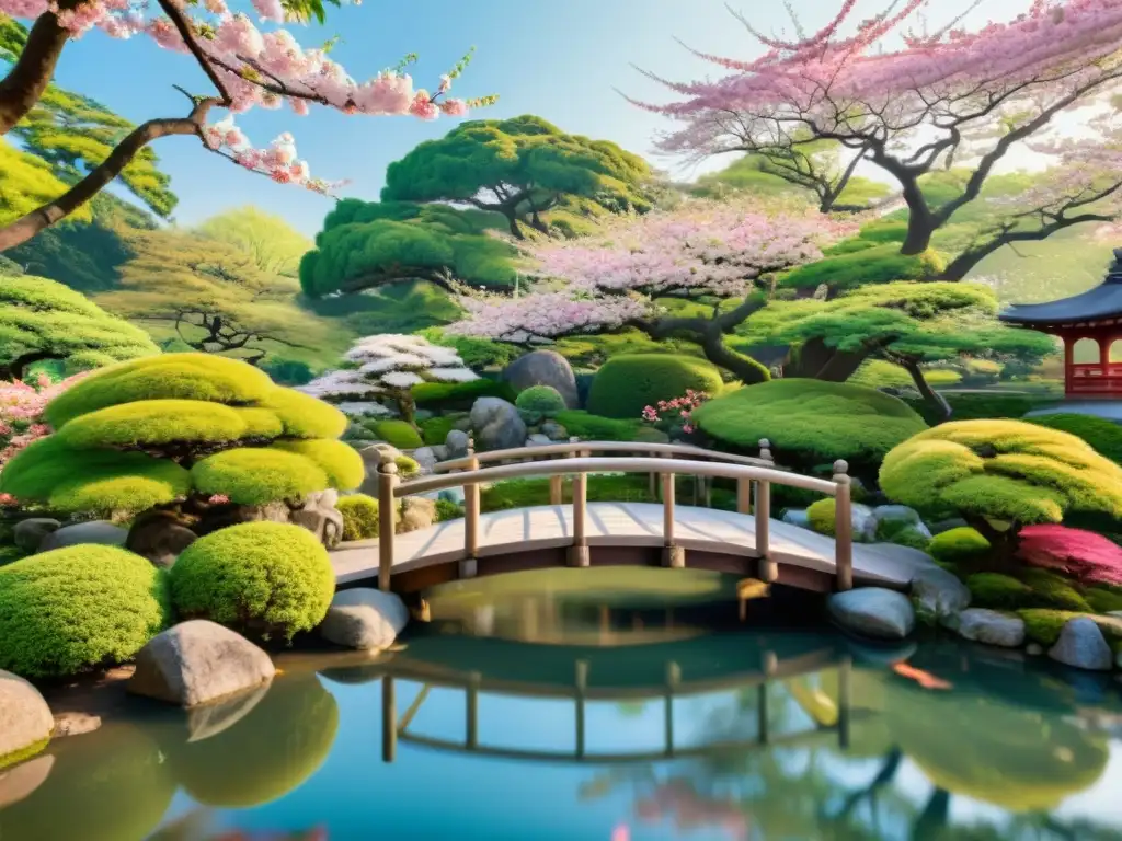 Un jardín japonés sereno con un puente de madera, rodeado de cerezos en flor