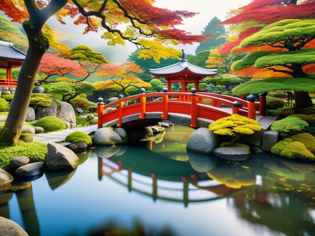 Jardín japonés con musgo vibrante, estanque sereno, puente de madera y hojas de otoño