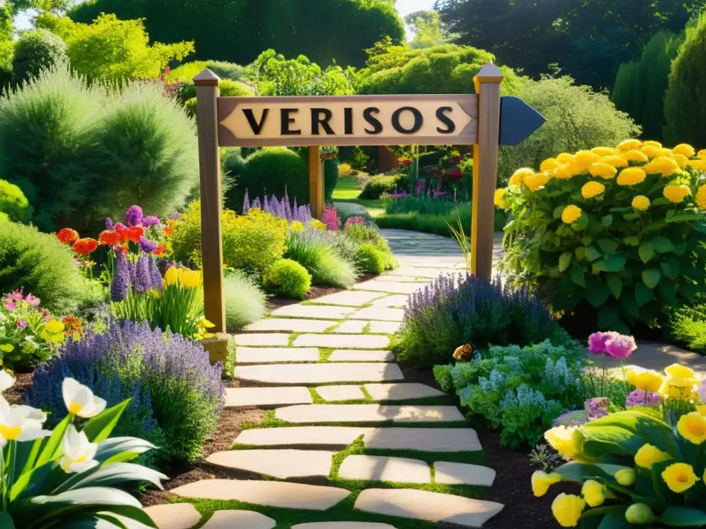 Jardín poético: flores, senderos y serenidad Un jardín exuberante y vibrante con flores coloridas, sendero de piedra, abejas y mariposas