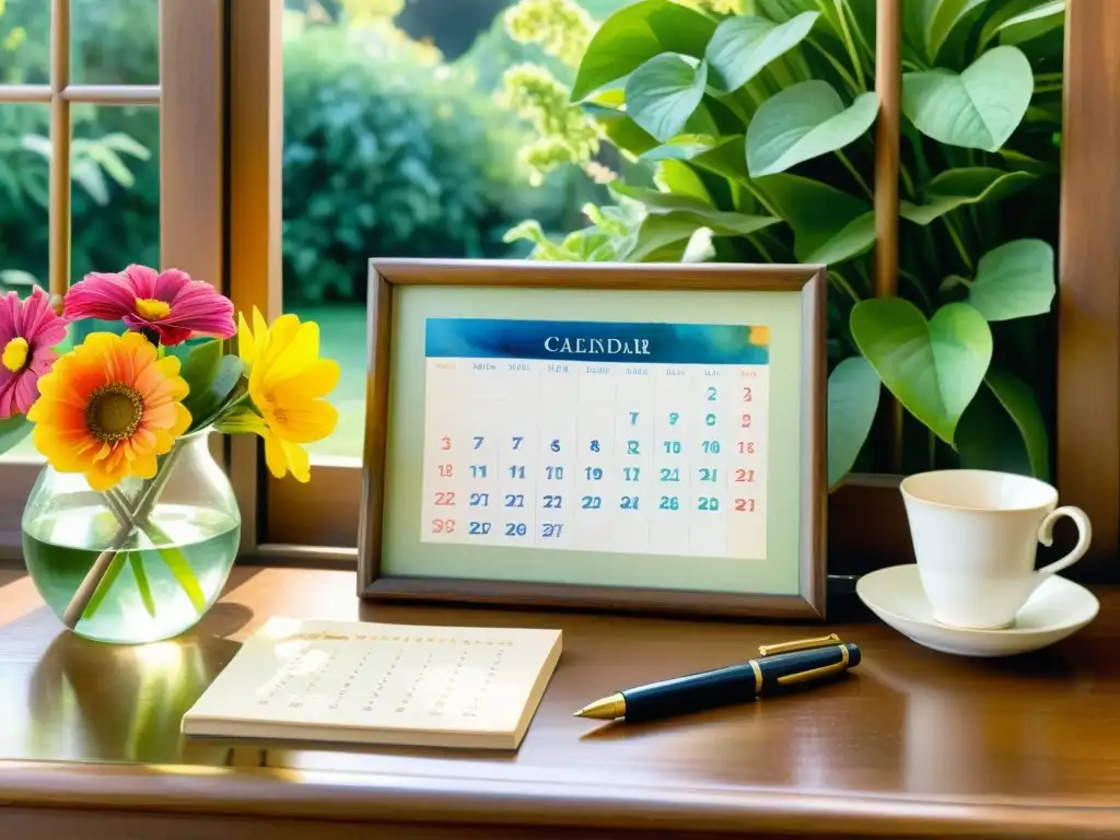 Un jardín sereno con un calendario poético en un escritorio de madera, rodeado de libros de poesía y flores coloridas