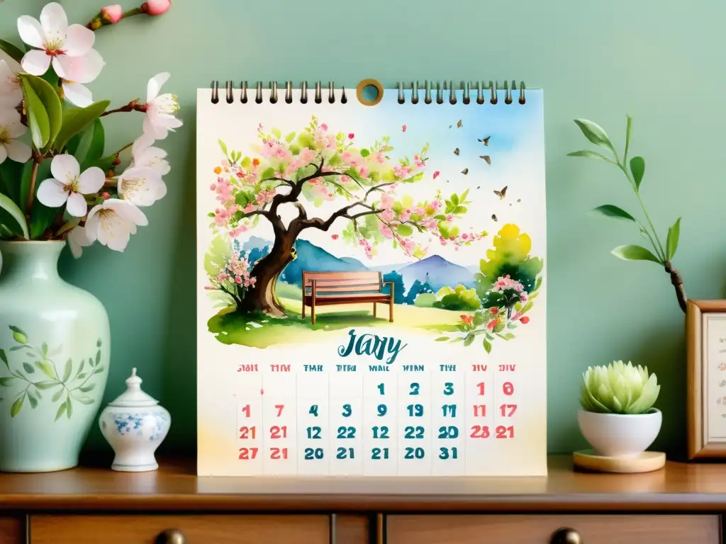 Un jardín sereno con un calendario poético para marcar días bajo un cerezo en flor