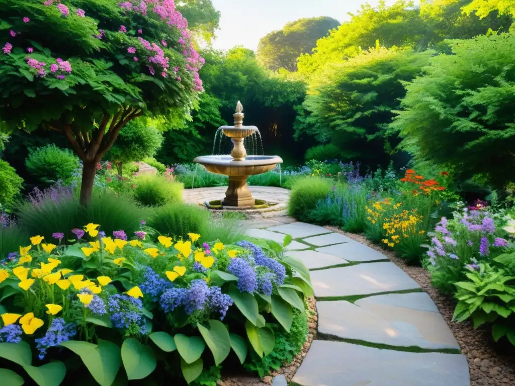 Un jardín sereno con un camino de piedra que lleva a una fuente rodeada de flores silvestres