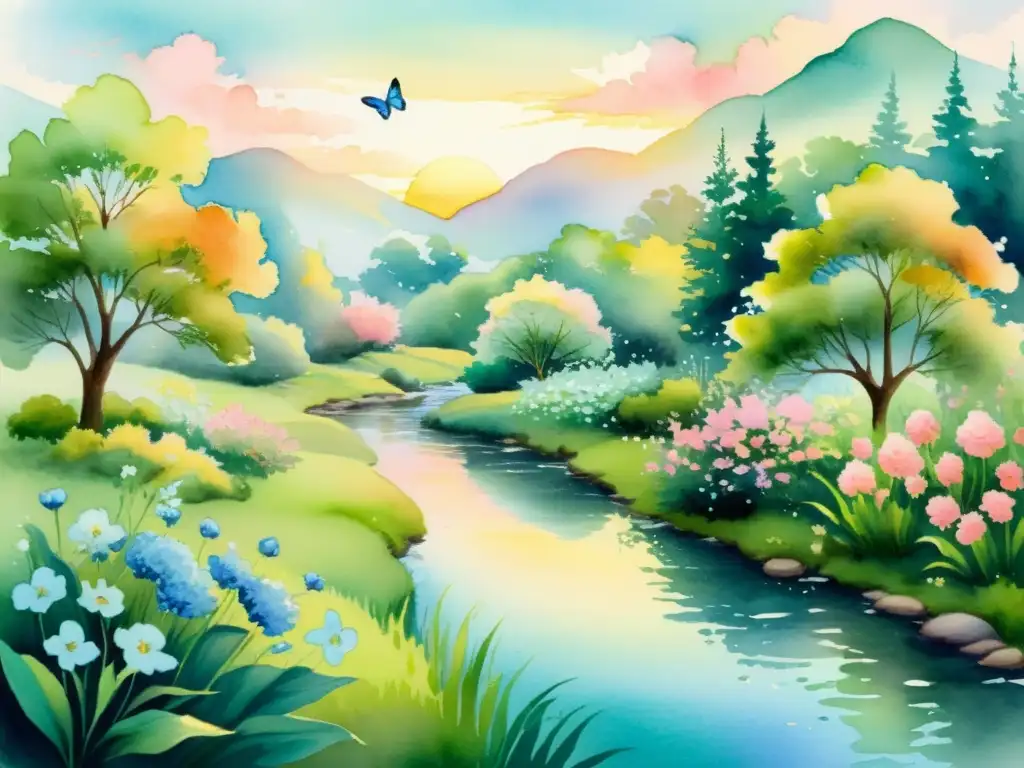 Jardín Sereno: Flores, Mariposas y Atardecer Un jardín sereno con flores vibrantes, un arroyo suave y mariposas danzantes, evocando armonía en eventos poéticos
