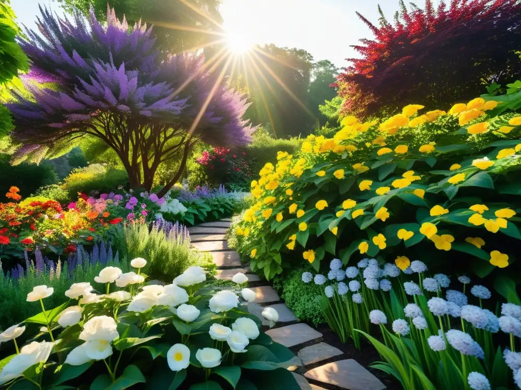 Un jardín sereno, repleto de flores vibrantes y coloridas, bañado por la luz del sol