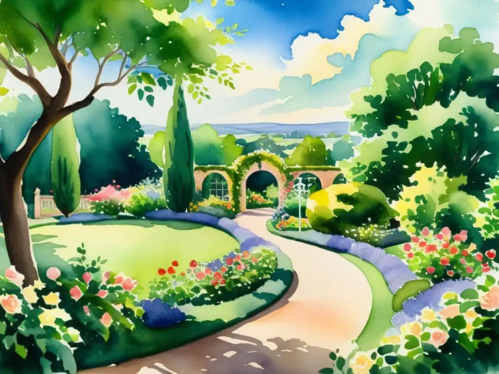 Un jardín soleado y florido, con senderos serpenteantes y un estanque tranquilo