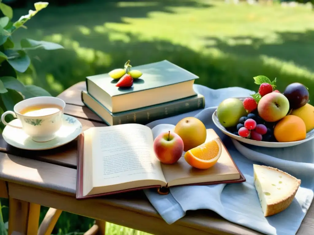 Un jardín soleado alberga una mesa con frutas, queso y pan