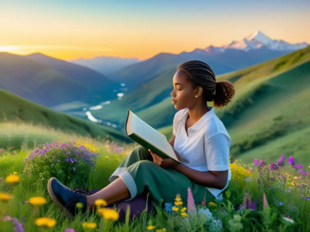 Un joven lector se sumerge en la poesía en un prado con flores y montañas al fondo