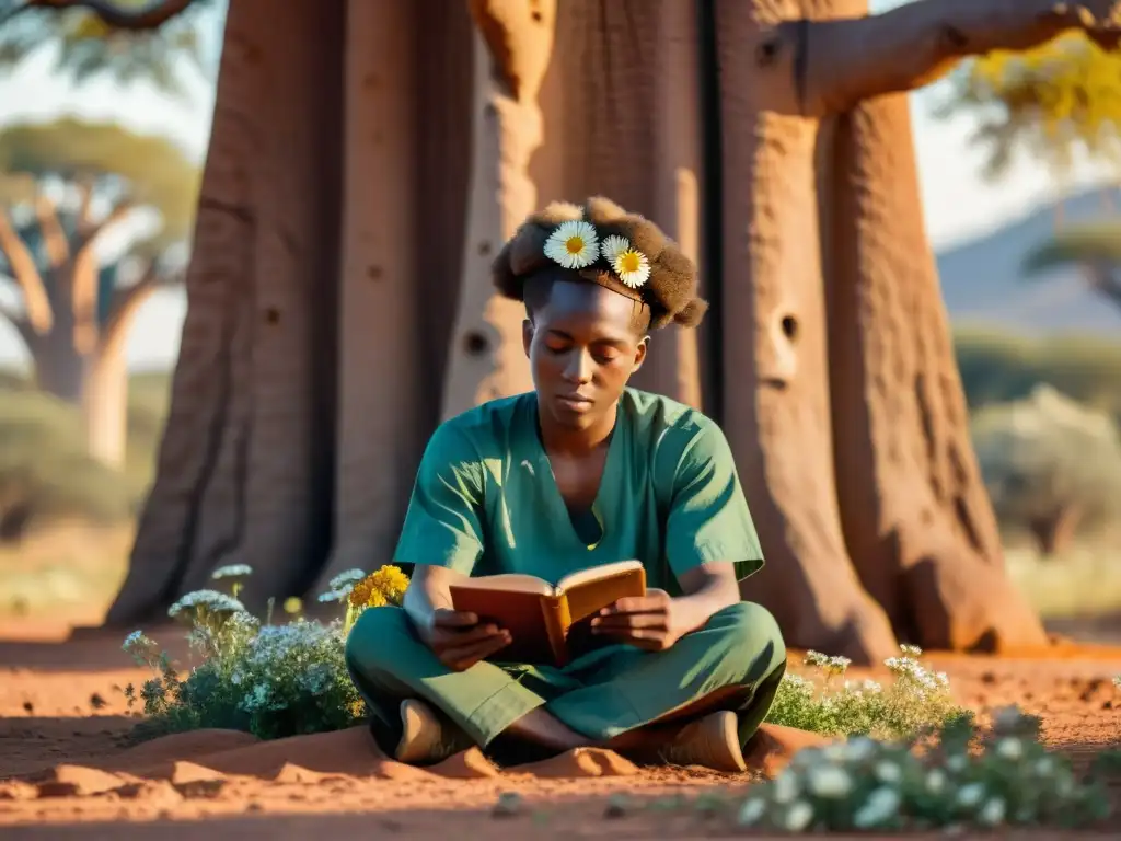 Un joven poeta africano se sienta bajo un baobab, rodeado de flores, escribiendo en un diario mientras la luz del sol crea sombras