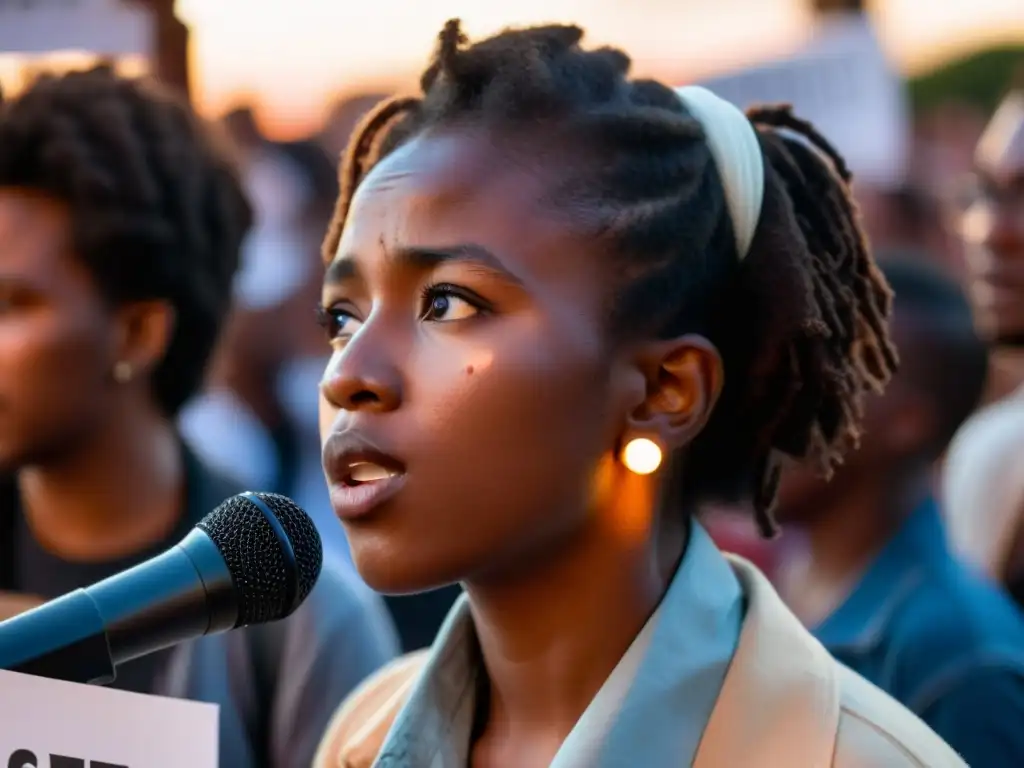 Joven poeta emocionado recitando en protesta al atardecer, con la multitud apoyando