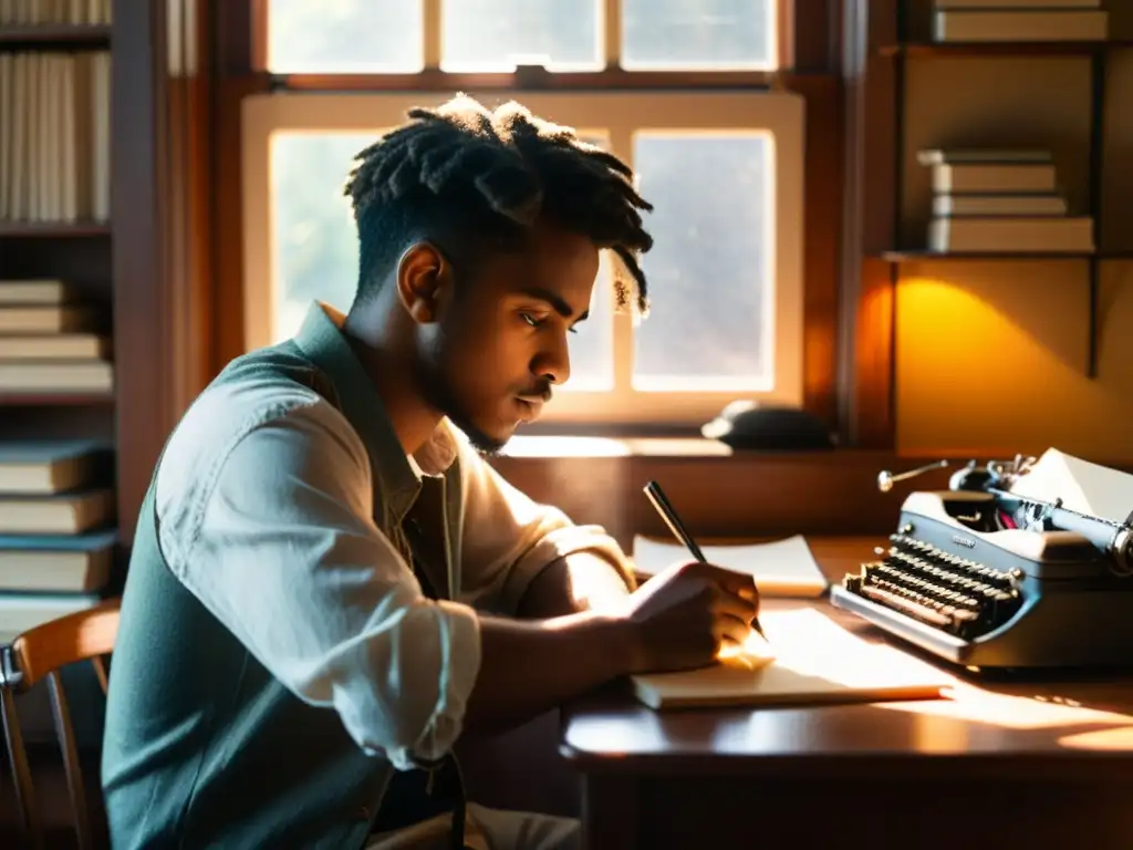 Un joven poeta, inmerso en su arte, crea poesía en una habitación acogedora y soleada llena de libros, plumas y una máquina de escribir vintage