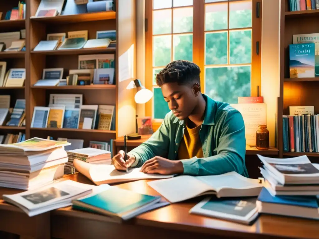 Joven poeta inmerso en la creación rodeado de revistas literarias, radiante de inspiración y pasión por la poesía