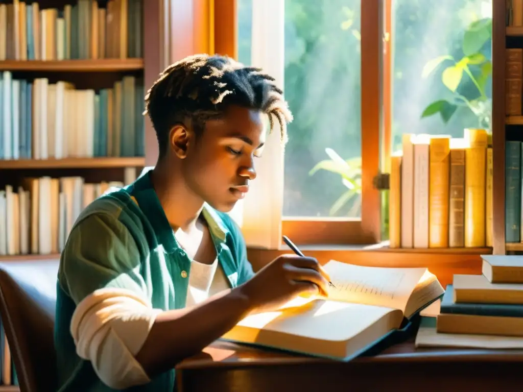 Joven poeta inspirado en su habitación soleada, rodeado de libros, escribiendo en su diario