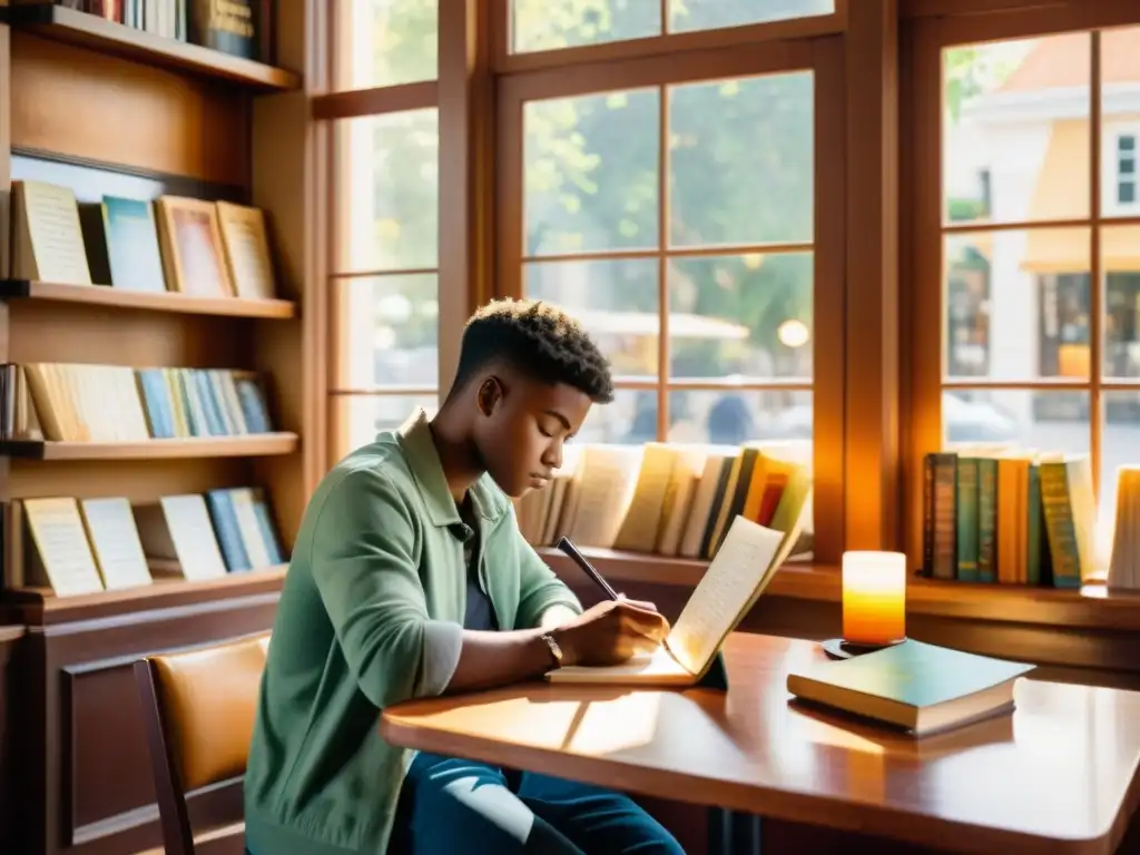 Un joven poeta se sumerge en la lectura y escritura, rodeado de libros de poesía en un café moderno