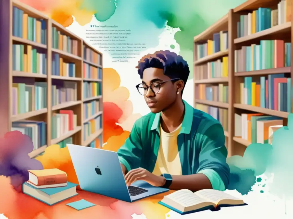 Un joven poeta rodeado de libros y tecnología, reflejando el éxito en el mundo digital de la poesía